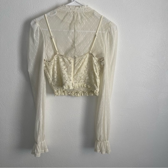 Privy Cream Ruched Bustier Blouse lace long sleeve size small - Picture 2 of 14